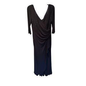 La Femme Rhinstone Embellished V-neck Ruched Ruffle Jersey Gown in Navy Size 14